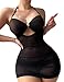 ADOME Lingerie for Women Sexy Chain Sheer Mesh Ruched Bodycon Mini Lingerie Dress with Thong 2 Piece Outfits Black L