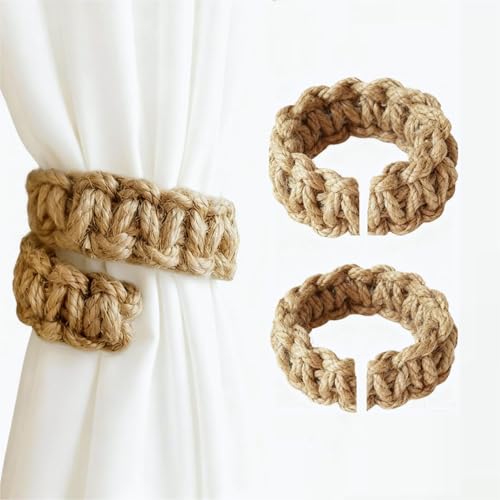 Brown Braided Boho Rustic Curtain Tiebacks Set of 2 No Drill Holdbacks