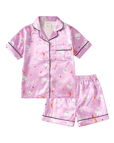 MyFav Girls Pajama Set Short Sleeve Button Down Silky Satin Girls PJS Kids Sleepwear Summer Nightwear Loungewear Set
