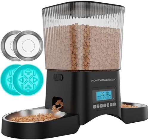 HONEYGUARDIAN Comedero Gato Automatico Doble, 3.5L Dispensador Comida Gatos/Perros 2 Tazones, Alimentador Automatico Gatos con 1-6 Comidas al día, Acero Inoxidable 304, Grabadora de Voz