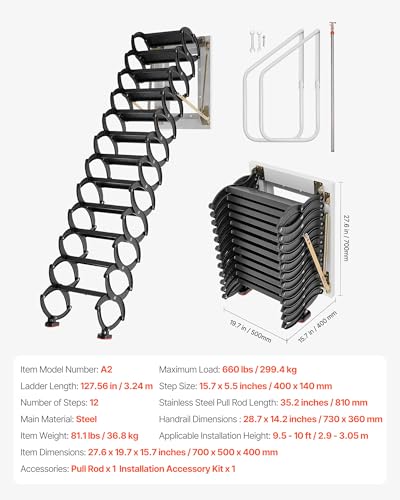 Image of VEVOR Attic Ladder Wall-Mounted, 660LBS /299.4KG Capacity, Fits 9.5 to 10 ft Ceiling Height, 12-Step Steel Folding Stairs with Handrails, Pull Down Attic Ladders for Attics, Garages, Roofs, Basements