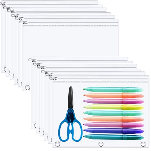 Lincia 24 Pack Clear Pencil Pouch for 3 Ring Binder Pencil Case with Metal Zipper 3 Ring Binder Pocket Inserts Bag 10 x 7'' Visible Cash Envelope with Re-enforced Grommet for College Office Supplies