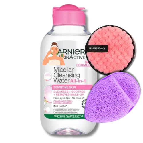 Micellar Cleansing Water Travel Set Gentle Face Cleanser (100ml) with Reusable Makeup Remover Puff & Exfoliating Glove Perfect for Sensitive Skin Travel-Friendly Skincare