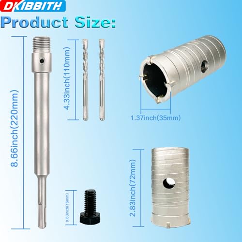 Image of 1-3 /8 inch Concrete Hole Saw, 35mm Tungsten Steel Core Bit for Cinder Block, Brick, Rock, Plank Walls for Pipes or mini Split Lines, with SDS Plus Shank and 2 Center Positioning Drill Bits.