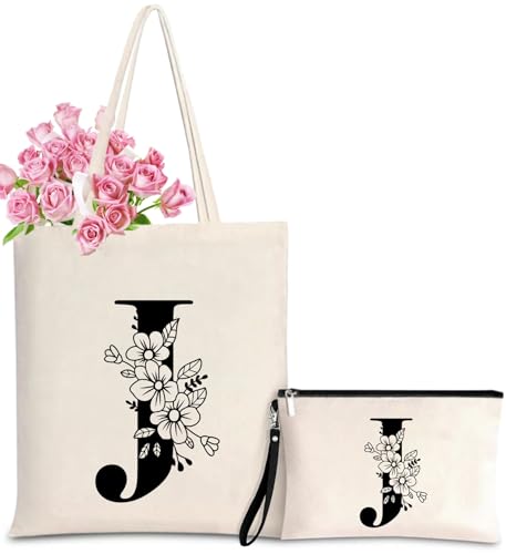 Initial Canvas Tote Bag for Women, Personalized Monogrammed Tote Bags with Makeup Gift Bag for Wedding Bridesmaids Birthday