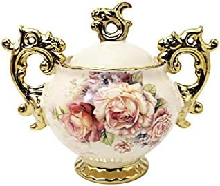 fanquare Złoty porcelanowy pojemnik na cukier, kwiatowy pojemnik na cukier do kawiarni, 350 ml ceramiczna cukiernica z pokrywką na blat, kuchenny słoik na cukier, vintage