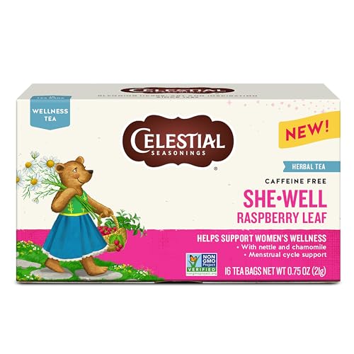 Celestial Seasonings SheWell Raspberry Leaf Wellness Tea, Caffeine Free, 16 Tea Bags Box