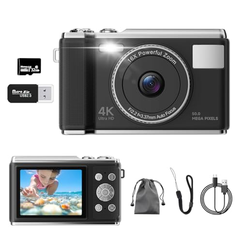 デジカメ【4K動画撮影、5000万画素】デジタルカメラ 32GB Micro SDカード付き AFオートフォーカス コンパクトカメラ 2.83インチの大画面 16倍ズーム フラッシュ 手振れ補正機能を備えています ウェブカメラ 充電式 大容量バッテリー 軽量 日本語の取扱説明書 学生 初心者にも最適です 修学旅行 (黒)