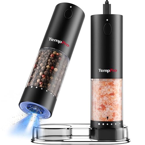 Image of TempPro Electric Salt and Pepper Grinder Set Rechargeable, 110ml Automatic Pepper Grinder Shakers with External Adjustment, Refillable Pepper Mill Set for House Warming Gifts(Previously ThermoPro)