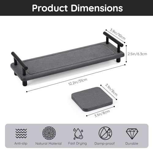 Image of Segbeauty 12x4in Stone Drying Tray for Bathroom Counter, Fast Drying Kitchen Sink Organizer Tray with Handle, Water Absorbent Diatomite Coasters Vanity Tray Soap Dispenser Organizer Rack Sponge Holder