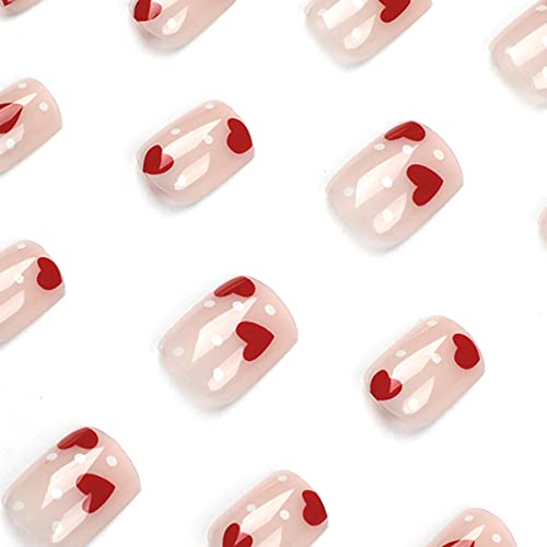 24Pcs Red Heart Press On Nails Short, Pink Sqaure Fake Nail Valentine's Day Fake Nails With Design Heart False Nail For Women Full Cover False Nail Sticker On Nail With Glue Manicure Decor #TOP1