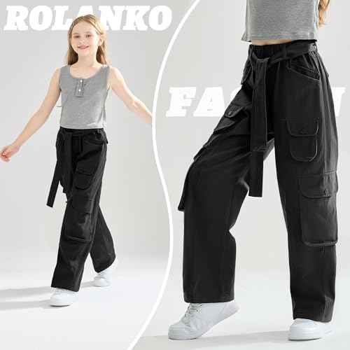 Image of Rolanko Girls Cargo Pants Baggy Y2K Cargo Trousers Jeans Wide Leg Pants with Multi Pockets 4-15 Years
