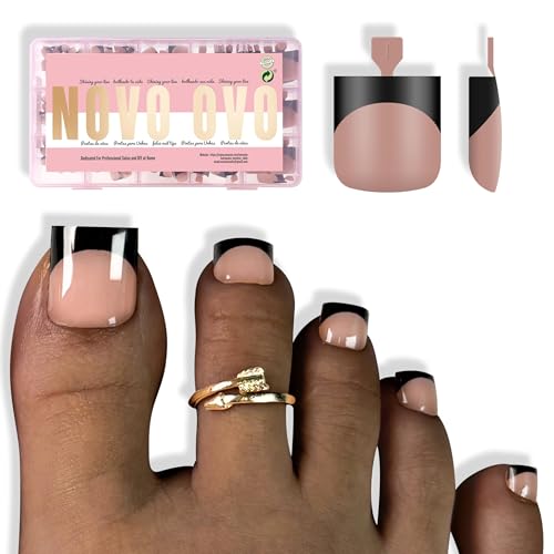 NOVO OVO Halloween Black French Tip Toe Nail Tips Press on,BROWN PINK Sharp Square Pre-Designed Soft Gel False Toenail Extension, Medium Wide Fake Toenails, Full Cover Acrylic for DIY 15 Sizes 240 pc