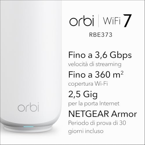 Orbi Mesh WiFi 7 Router serie 370 (RBE373) – WiFi mesh dual-band, 3,6?Gbps, copre 360?m², 70 dispositivi, porta Internet 2,5?Gb, include 2 extender BE3600 - Powerline - Immagine 1
