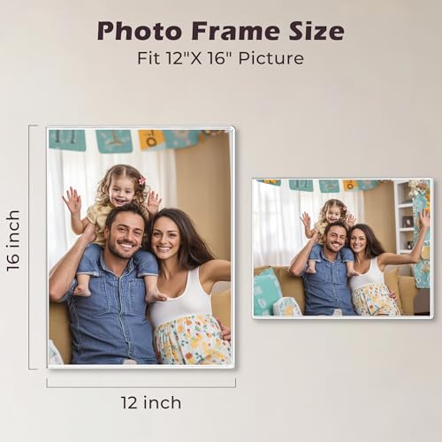 Image of 12 x 16 Acrylic Picture Frame, Horizontal /Vertical Clear Photo Frame for Wall with Tape, No Drilling Floating Hanging Frameless Picture Frame, Wall Mount Sign Holder 12x16 for Home, School, Office