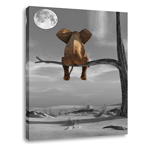 Elephant Art Wall Decor Animal Resting Elephant Look at The Moon Wall Pictures for Bedroom Living Room Bathroom Decoration, Wooden Framed Stretched Print on Canvas Poster Ready to Hang 12" x 16" Cover