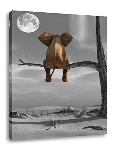 Elephant Art Wall Decor Animal Resting Elephant Look At The Moon Wall Pictures For Bedroom Living Room Bathroom Decoration, Wooden Framed Stretched Print On Canvas Poster Ready To Hang 12" X 16" #TOP13