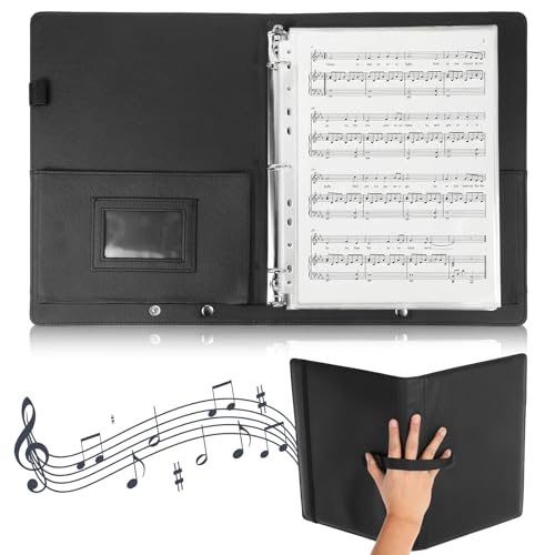 Choral Sheet Music Folder Organiser 3 Ring Black Choir Binder with Hand Strap PU Piano Music Sheet Holder Storage with Plastic Sleeves Fits Letter Size 8.5 x 11 Inch for Guitar Orchestra Band