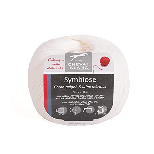 Laines Cheval Blanc - SYMBIOSE fil à tricoter 57% coton peigné 43% laine mérinos 50g - Pelote de fil été léger et confortable