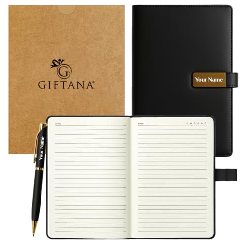 Image of Giftana Personalized Notebook Diary with Pen Gift Set for Men and Women, 2 in 1 Customized Office Diaries A5 Size Notebook, Diwali Gifts, Personalised New Year Corporate Gifts for Employees (Black Golden)