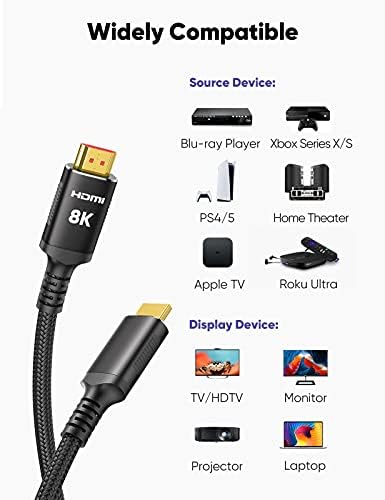 Snowkids 8K Hdmi Cable 2.1 10Ft/3M 48Gbps, Certified 48Gbps High Speed 3D 8K60 4K120 144Hz Braided Hdmi Cord Earc Hdr10 Hdcp 2.2&2.3 Compatible With Roku Tv/Ps5/Hdtv/Blu-Ray Black #TOP4