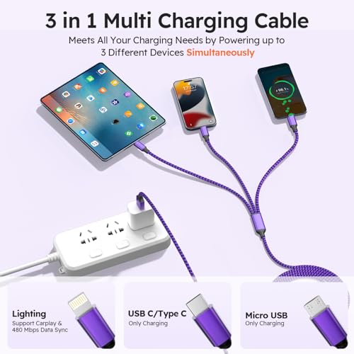 USB A + USB C Multi Charging Cable, 3 in 1 Chargers for Multiple Devices, Universal Charger with Multiple Connectors —Type C, IP, Micro USB Cable for iPhone17/16/15/14, iPad, Galaxy, Kindle(2Pack 4FT) — view 3