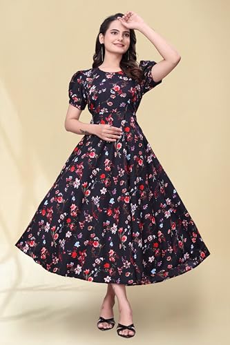 Image of Women's A-Line Crepe Maxi Dress | Stylish Fit and Flare Dress with Round Neck Short Puff Sleeves for Casual Wear