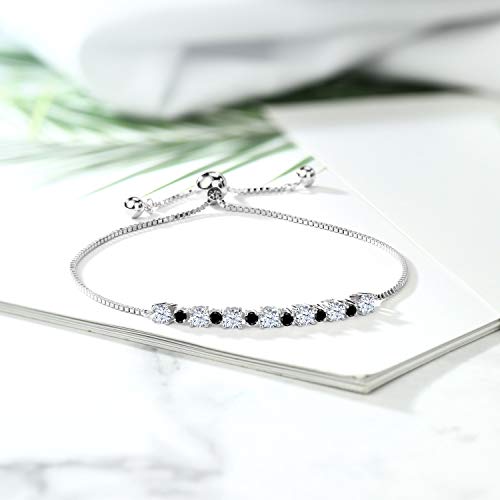 Gem Stone King 925 Sterling Silver White Created Sapphire and Black Diamond Tennis Bracelet for Women | 1.06 Cttw | Round 3MM and 1.7MM | Adjustable Bolo Bracelet For Women | Easy-On Easy-Off4