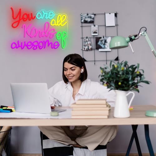 Image of You Are All Kinds Of Awesome Neon Sign Dimmable Inspirational Led Letter Light Sign for Classroom USB Powered Motivational Quote Neon Light for Dorm Bedroom Office Teen Girls Women