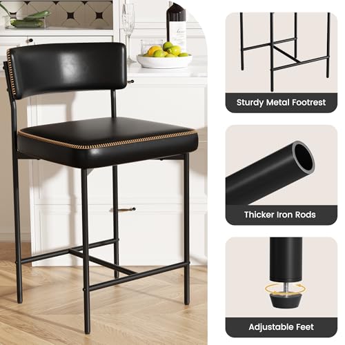 Image of Bar Stools Set of 2, Faux Leather Counter Height Barstools with Curved Back, 25 Inch Upholstered Bar Chairs, Modern Counter Stools for Kitchen lsland, Black