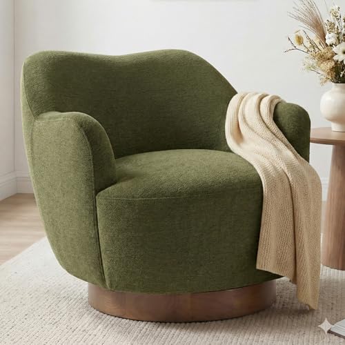 Image of KISLOT, Swivel Accent Chair, Modern Arm Chair with Wooden Base, Green | Upholstered Barrel Chair with Curves Camel Back Design, Living Room Bedroom Reading Waitingroom
