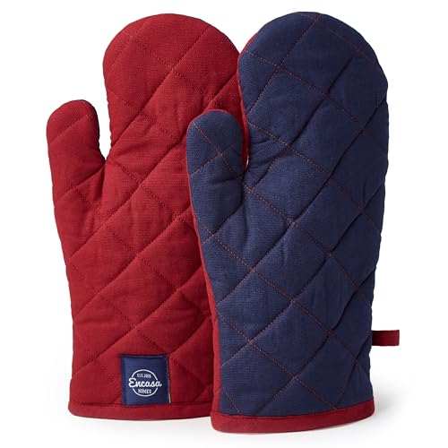Encasa XO Heat Resistant Cotton Oven Gloves Mitts (2 Pc Set) - Quilted & Safe 12x6.6 in - for Kitchen, Cooking & Baking, Grilling, Handling Hot Pots & Pans - Red