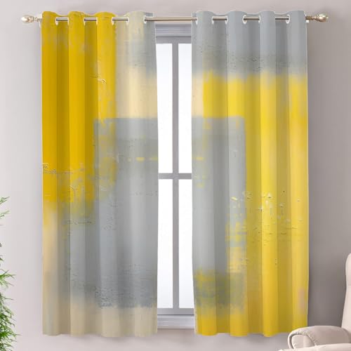 Shrahala Thermal Insulated Blackout Window Curtains, Long Drapes for Bedroom/Living Room with Plastic Grommet, 52X63 Set of 2,Grey Yellow White