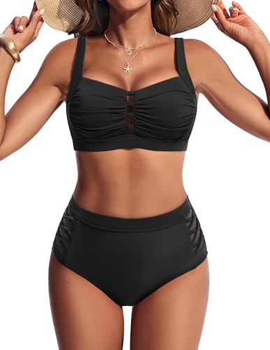 Hanna Nikole Bikini Damen Set, Hohe Taille Bauchweg Badeanzug, Push Up Zweiteiler Bademode, Brust Ausschneiden Sexy Bikinis, Plissierte Elegante Strandmode, Schwimmanzug mit verstellbaren, gekreuzten