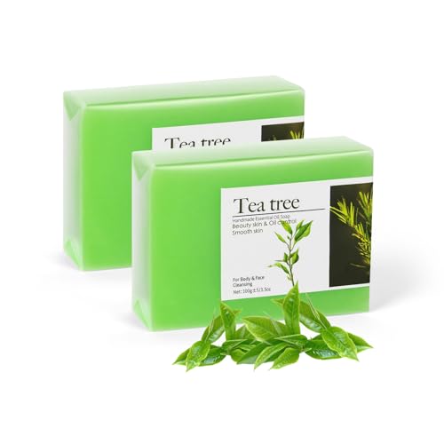 Naturalne mydło z drzewa herbacianego, mydło złuszczające, peeling do twarzy i ciała, głęboko oczyszczające mydło do kąpieli, czyszczenie twarzy dla skóry tłustej i suchej skóry (2 x 100 g)