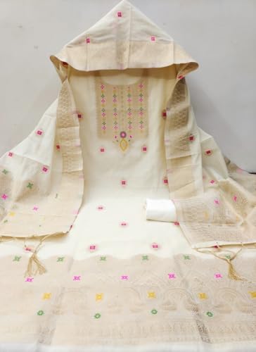 Image of Chanderi Suit Vol 5 | Pure Chanderi Banarasi Silk (3m) | Soft Cotton Bottom (2.5m) | Woven Chanderi Banarasi Silk Dupatta (2.3m) with Tassels, Unstitched Material, Fits up to 60 inch, Length 48