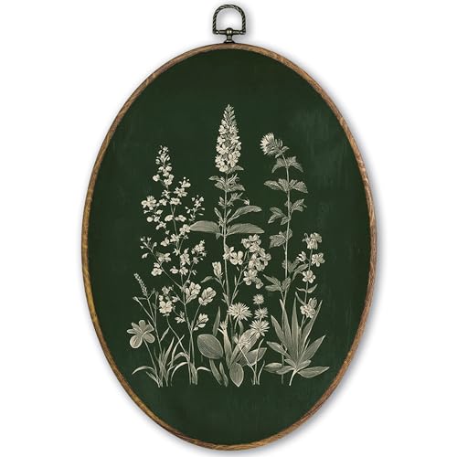 TLESKE Vintage Dark Green Botanical Floral Oval Wall Art Decor