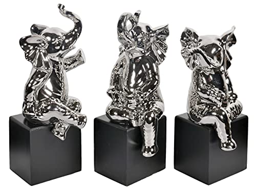 Set de 3 Estatuas de Elefantes de Cerámica con Acabado Cromado Plateado miniatura 4