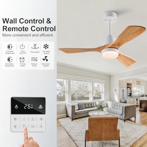 Image of 42 Inch Outdoor Ceiling Fans with Lights and Remote Control, Dimmable Outdoor Ceiling Fans for Patios 3 Blade Wood White Natural Wood Bedroom Ceiling Fan with Light, Wall Switch