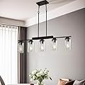 Modern Dining Room Light Fixture, 5-Light Kitchen Island Lighting Hanging/Chandelier Over Table Farmhouse, Modern Black Rustic Wood Pendant Light Fixtures with Clear Glass Shade,Adjustable Height