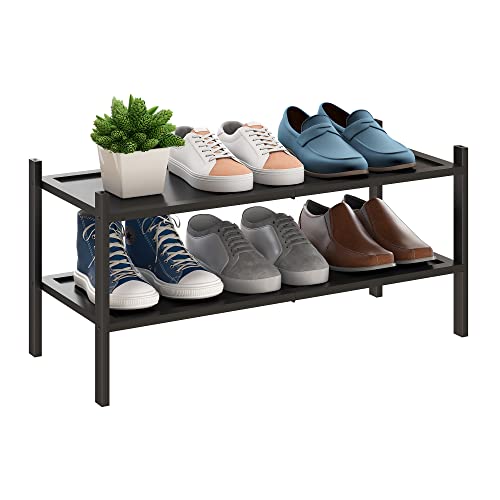 BMOSU 2-Tier Bamboo Shoe Rack Premium Stackable Shoe Shelf Storage Organizer for Hallway Closet Living Room Entryway Organizer(Black) by BMOSU - Used condition - US$16.77