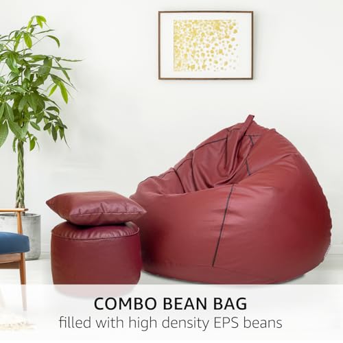 Image of Amazon Brand - Solimo 5XL Faux Leather Bean Bag with Footstool & Cushion Combo for Living Room | Bean Bag Filled with Beans | Capacity Upto 6'7 inch Height & 130 Kg Weight | (Tan with Black Piping)