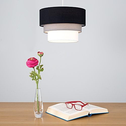 Pair of - Round Modern 3 Tier Black, Grey and White Fabric Ceiling Designer Pendant Lamp Light Shades