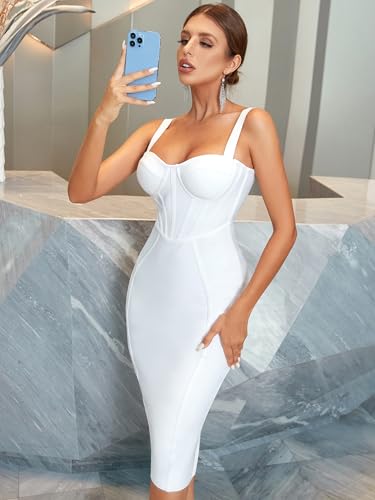 Image of Bandage Womens Formal Dress Spaghetti Strap Bodycon Prom Dress Celebrity Sexy Sleeveless Midi Evening Club Party Wear