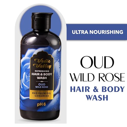 Image of VEDIC VALLEY Oud Wild Rose Hair & Body Wash with Ceramide and Red Palm Oil | Paraben Free Body Wash for Men & Women Helps Reduce Hair Fall & Supports Healthy Growth | Brightens Skin, Nourishes & Moisturizes Formula | 300 ml