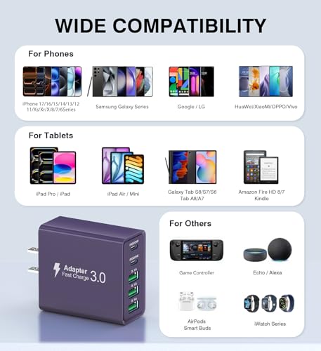 Image of [2-Pack] USB C Wall Charger, 50W Charger Block 5-Port PD Fast Charging Blocks,Multiport 2USB C+3USB A Plug,Type C Power Adapter Brick Cube for iPhone 17 /16 /15 /14 /13 /Pro,Samsung,for Switch（Purple）