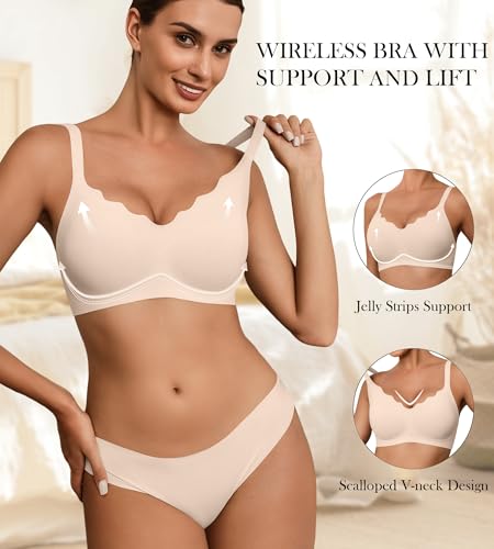 Womens Seamless Bras No Underwire Wireless Push Up Full Coverage Bra Scalloped V Neck T-Shirt Bra Comfort Bralettes2