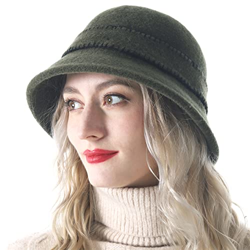 Women Elegant Winter Wool Bucket Hat 1920S Vintage Cloche Bowler Hats (Green) #TOP1