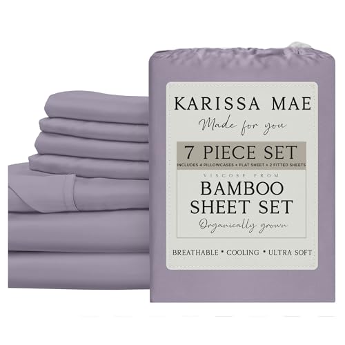 Image of KARISSA MAE 7 Piece Luxury Bamboo Viscose Split King Sheets, FSC Certified | Includes 2 Twin XL Fitted Sheets | Sleep Number & Adjustable Bed | Cooling | 18 inch Deep Pocket | 4 Pillowcases [Plum]