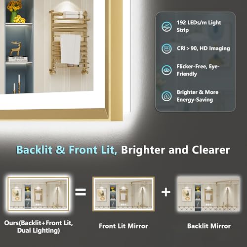 Image of 72x36 Gold Beveled LED Bathroom Mirror Backlit & Front Lit Anti-Fog | Brushed Gold Framed, Anti-Fog Lighted Vanity Mirror, Dimmable, 3-Color Light, Memory, CRI95, HD Tempered Glass, UL Listed